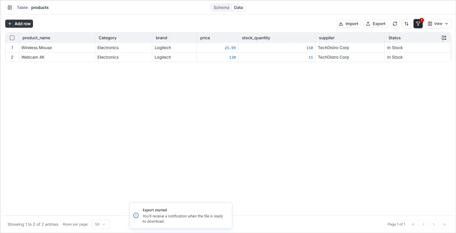 Export data options