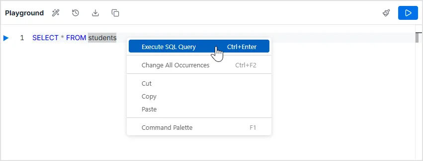 SQL Playground execution methods: line execution, right-click, Ctrl+Enter