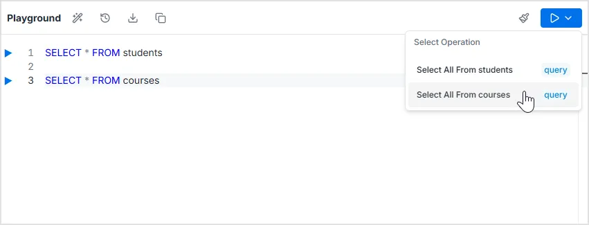 SQL Playground Operations panel with Run button and suggested queries